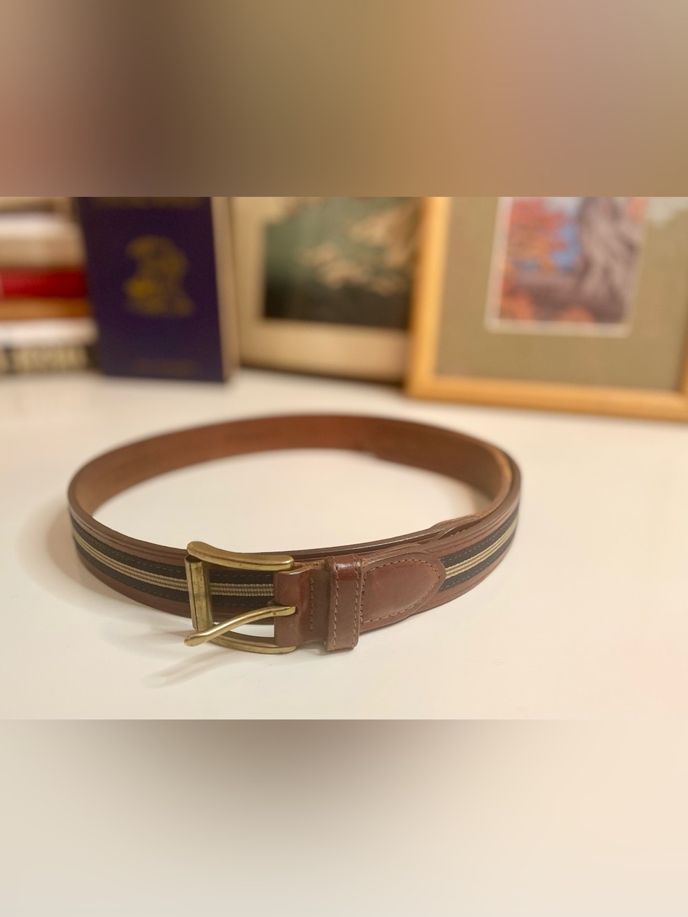 BB Classic Brown Leather Men’s Belt with Navy & Cream Stripe